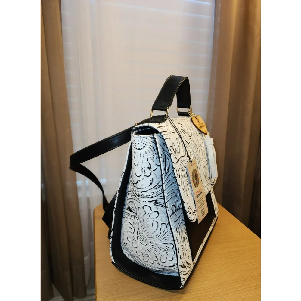 LEATHER White & Black BACKPACK Embossed Tooled Artisan Shoulder Bag Purse Hobo